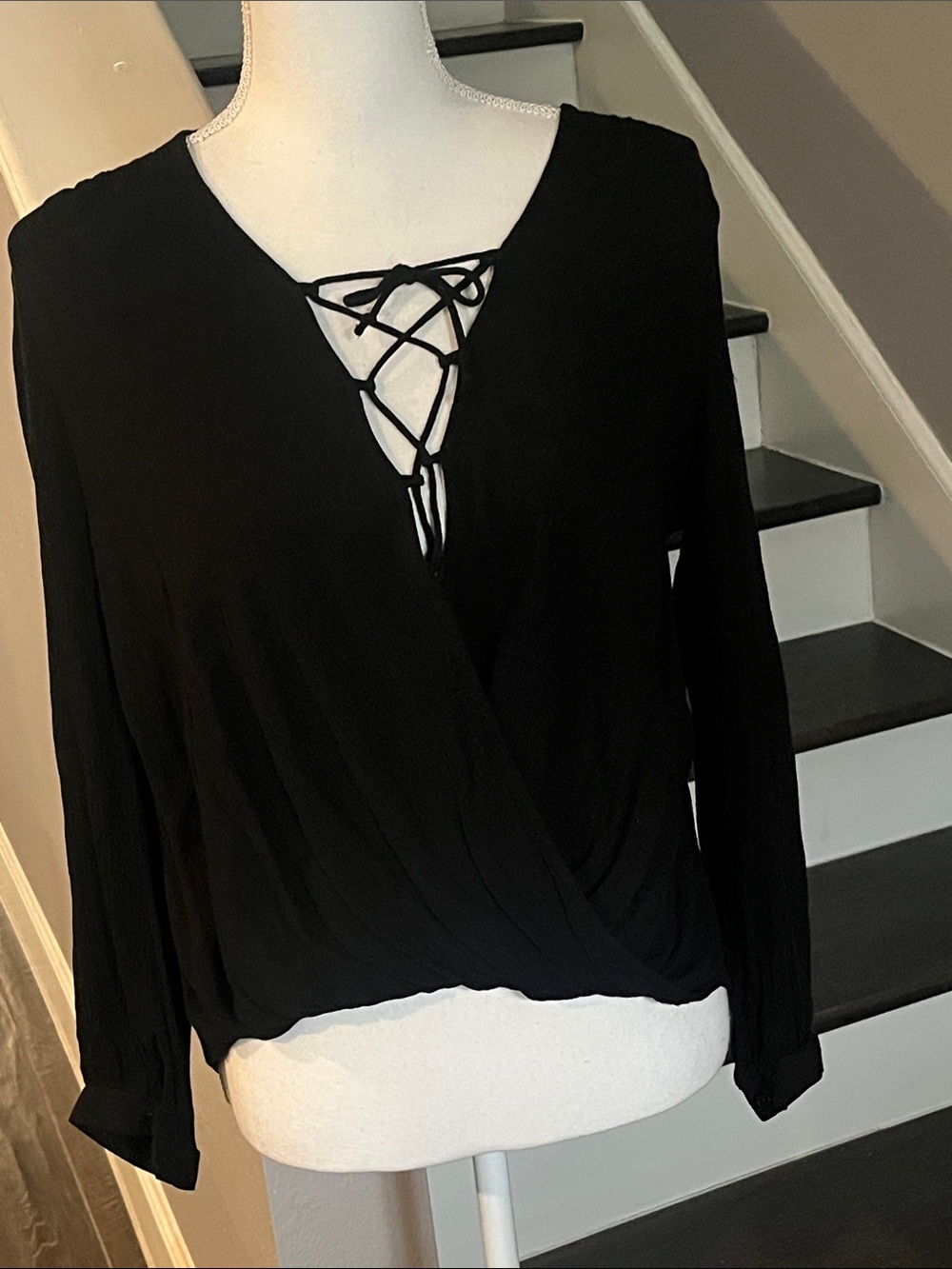 Lush Black Crisscross Top with Tie Closure. Long Sleeve with button XS